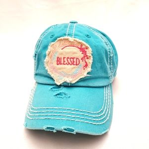 KBETHOS Hat Vintage "Blessed" Mint/Blue/Green Distressed Adult Adjustable Strap.
